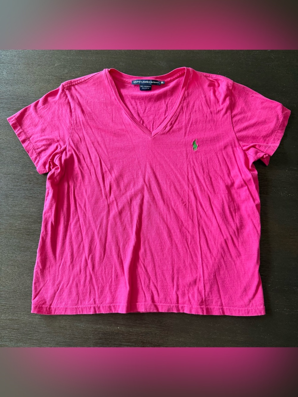 Ralph Lauren Sport Womens XL Pink V Neck Tee Green Pony Logo Cotton Shirt Golf